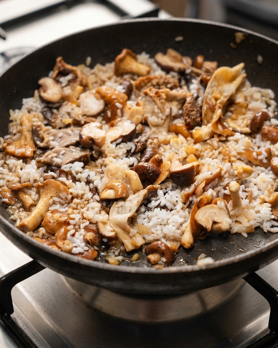 Espátula mezclando arroz blanco, setas y condimentos en una sartén sobre el fuego.