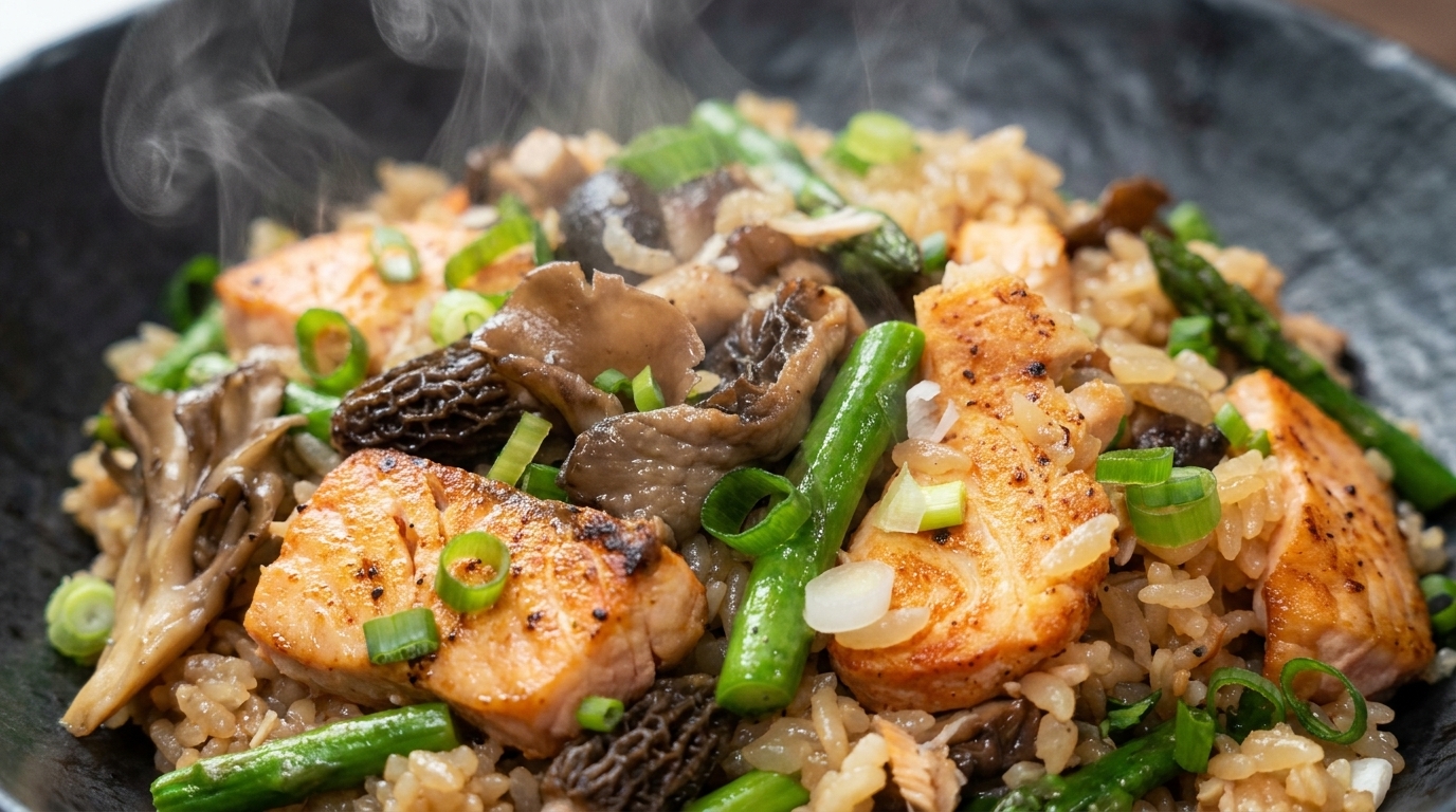 Arroz con salmón y setas silvestres en una sola olla