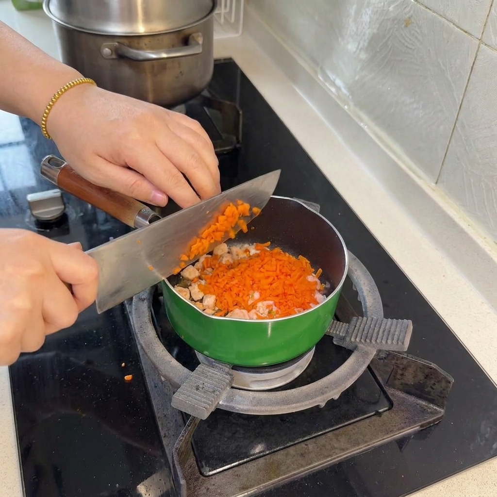 Zanahoria naranja finamente picada siendo añadida a la sartén verde que contiene los trozos de salmón cocinados.