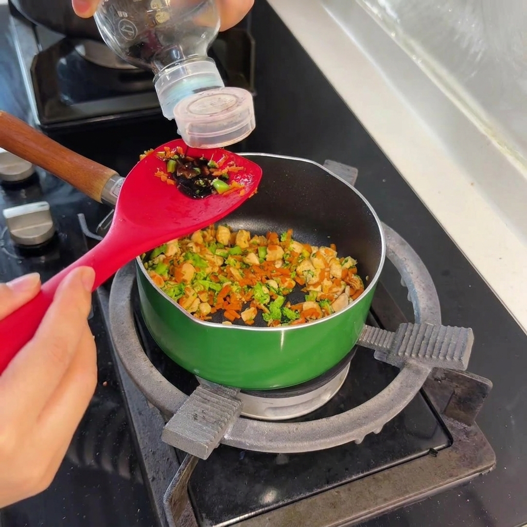 Salsa de soja oscura siendo vertida desde una botella sobre una espátula de silicona roja sobre los ingredientes.