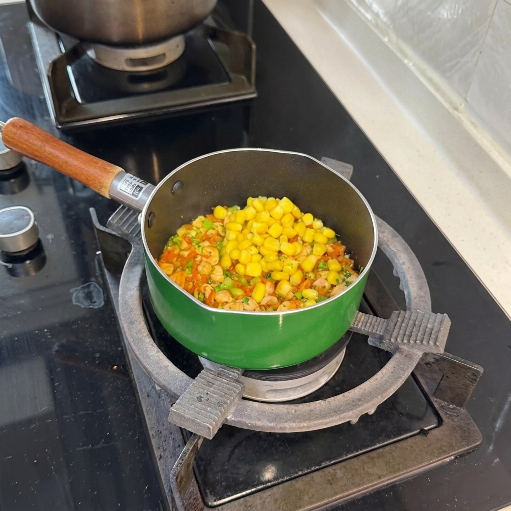 Una pila de granos de maíz amarillos sobre la mezcla de salmón, zanahoria y brócoli en la sartén verde.