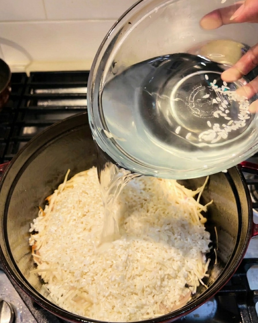 Agua vertiéndose desde un cuenco de cristal a una olla llena de arroz y setas enoki.