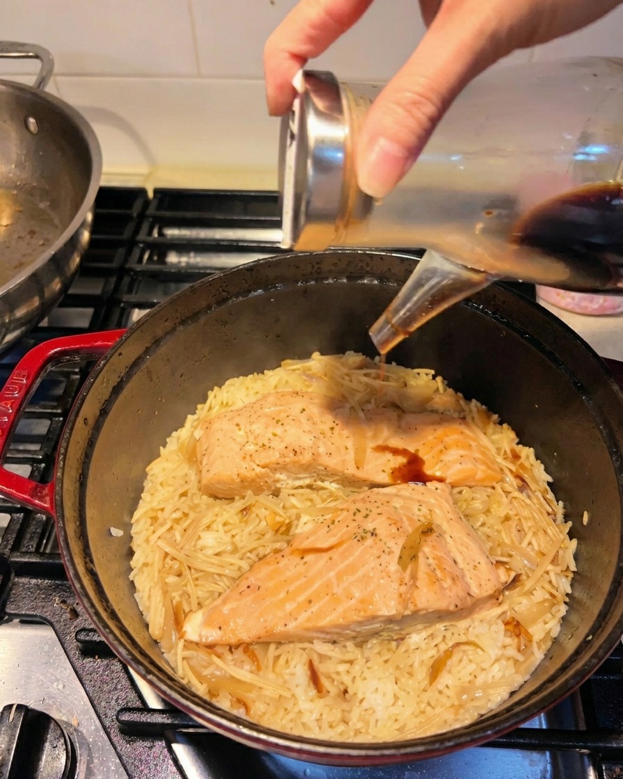 Salsa de soja vertiéndose desde una botella de cristal sobre el arroz cocido y los filetes de salmón.