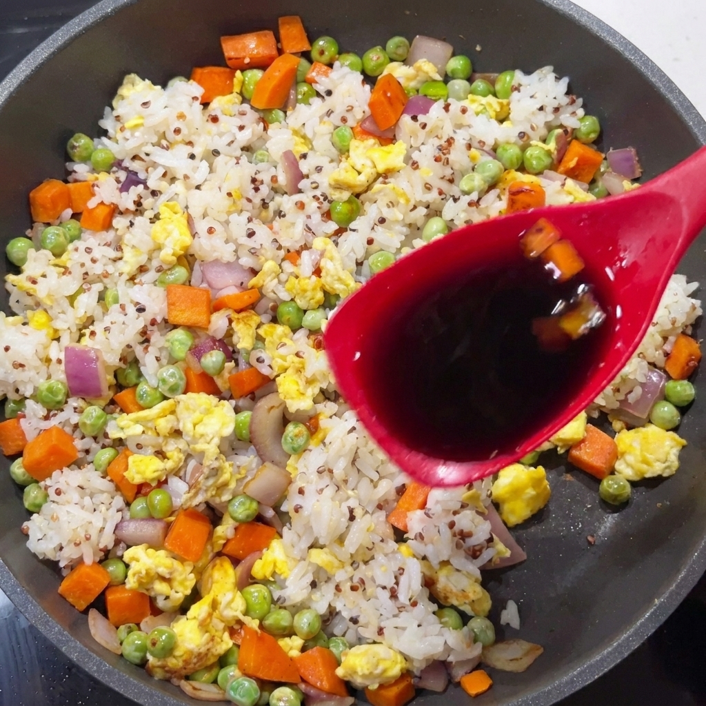 Una cuchara roja vertiendo salsa de soja sobre una mezcla de arroz, quinoa, guisantes y zanahorias.
