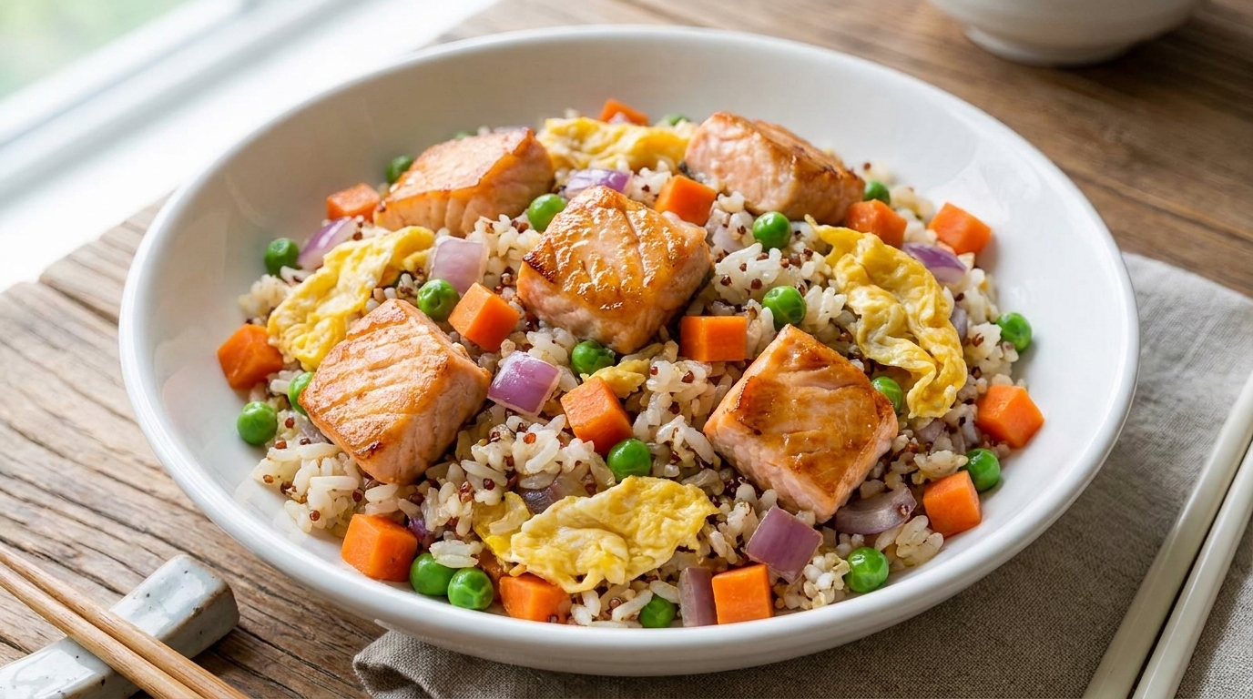 Arroz Frito de Salmón y Quinoa Fácil
