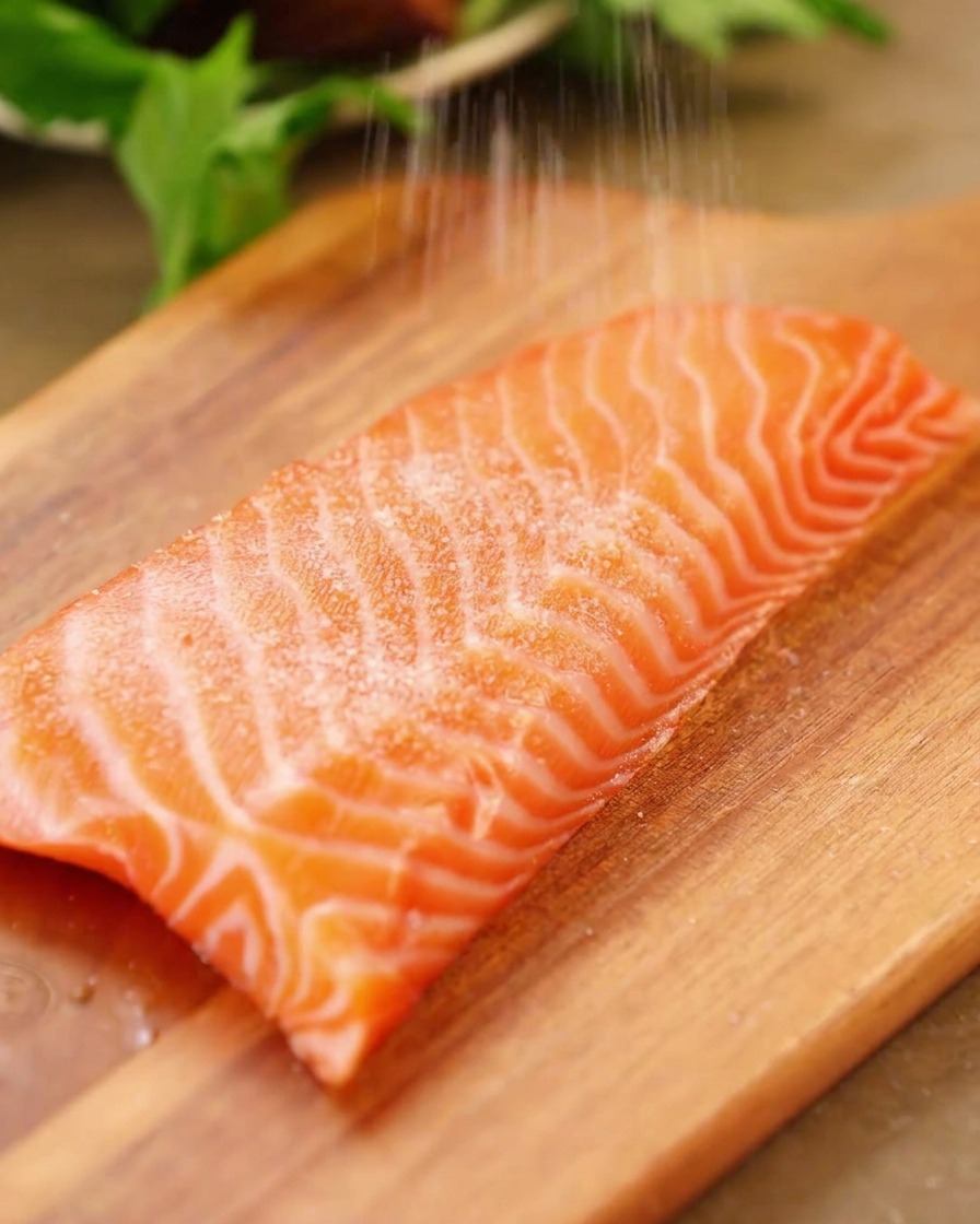 Sal marina fina espolvoreada sobre un filete de salmón rosado fresco en una tabla de madera.