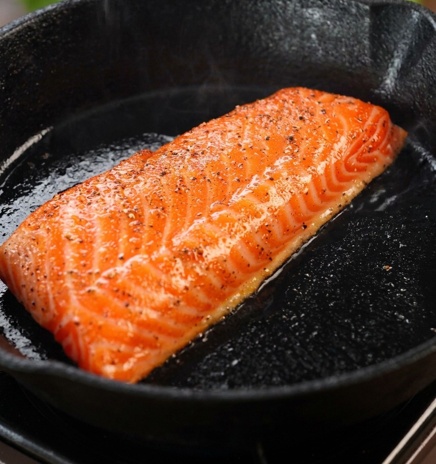 Un filete de salmón sazonado sellándose en una sartén de hierro caliente, con la superficie tornándose dorada y crujiente.