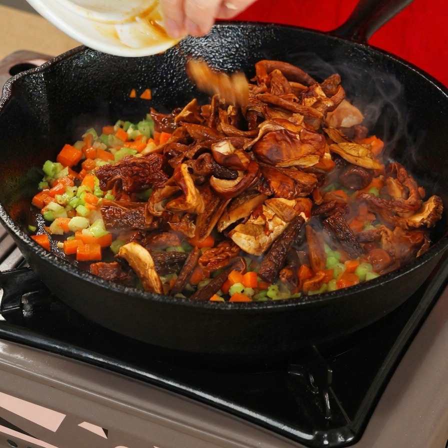 Setas siendo añadidas desde un plato a una sartén con zanahorias y apio picados.
