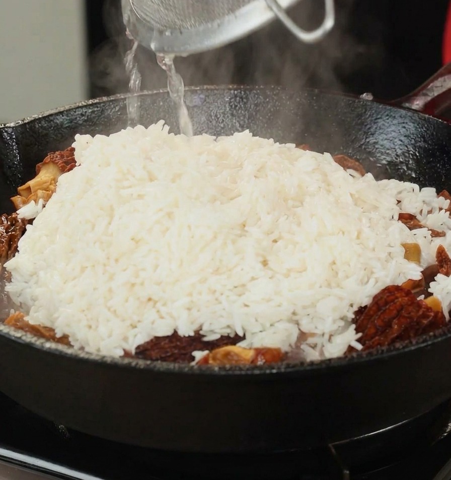 Arroz blanco cayendo a través de un colador hacia una sartén que contiene setas y vegetales.