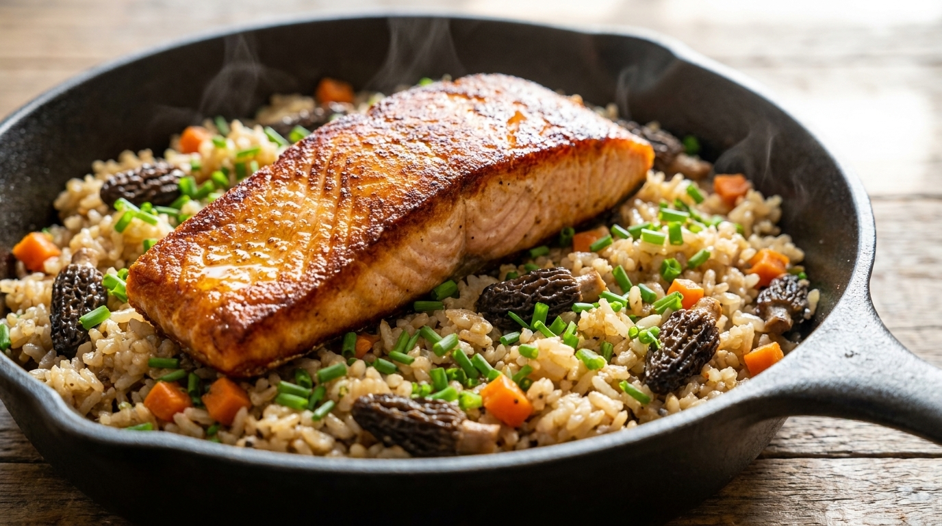 Salmón con setas colmenillas en arrocera: Receta fácil en una sola olla