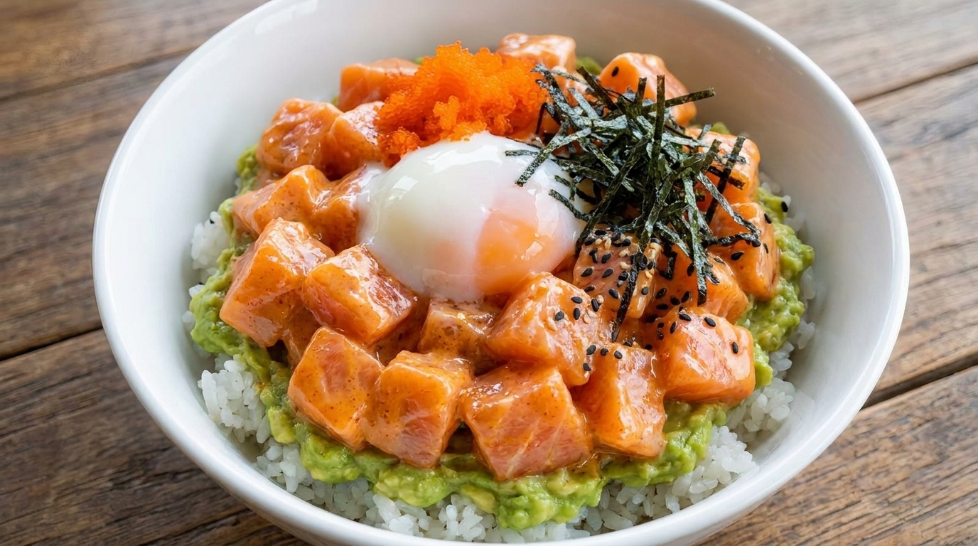Bol de Arroz con Salmón Picante, Aguacate y Huevo Onsen