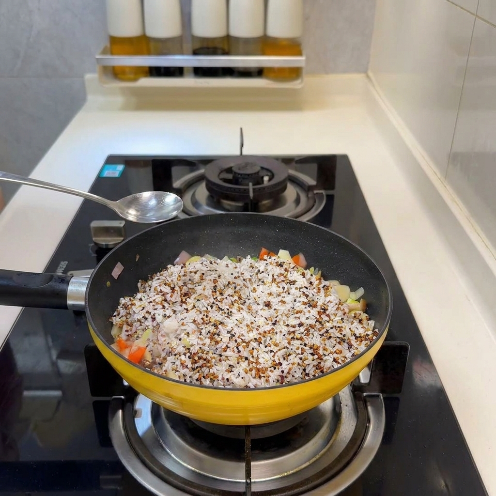Una cuchara de plata sobre la sartén llena de arroz y verduras, lista para añadir el sazón.