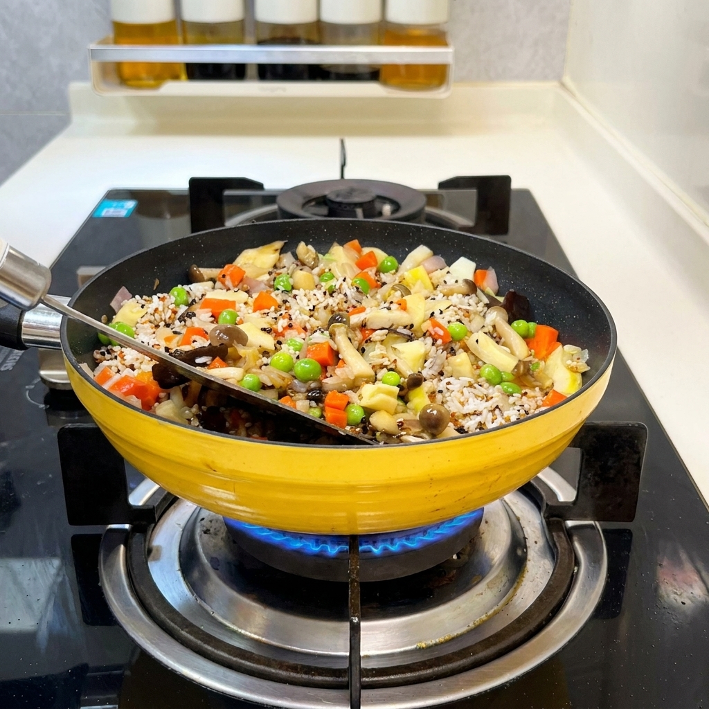 Una espátula negra removiendo la mezcla de arroz, quinoa y verduras en una sartén amarilla sobre el fuego.