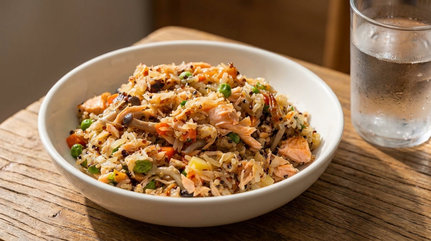 Arroz con quinoa braseado con salmón y setas silvestres