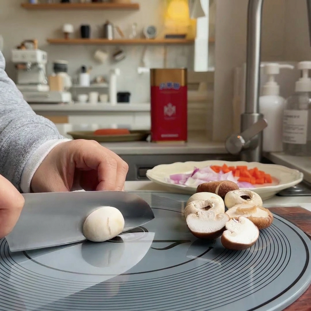 Persona usando un cuchillo de chef para laminar champiñones blancos sobre una tabla de cortar gris.