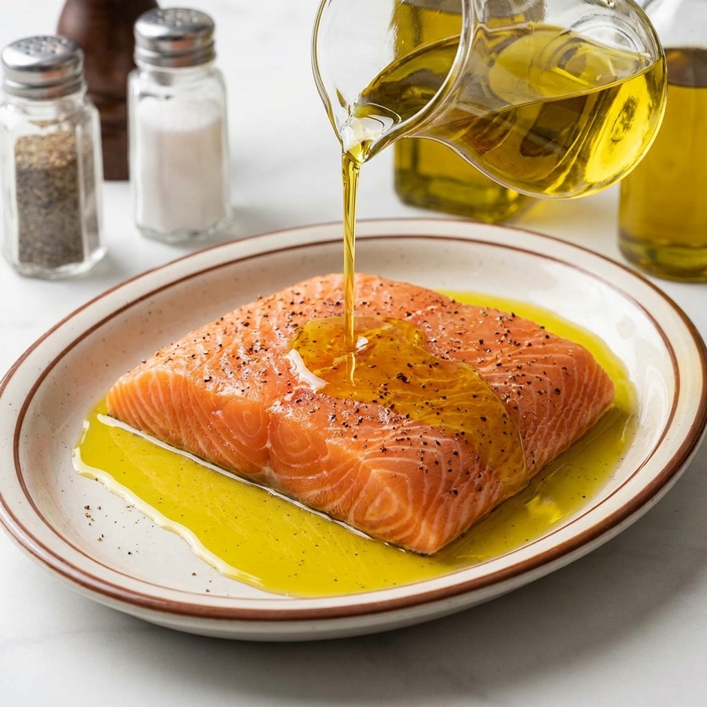 Aceite de oliva dorado cayendo desde una jarra de cristal sobre un filete de salmón crudo sazonado.