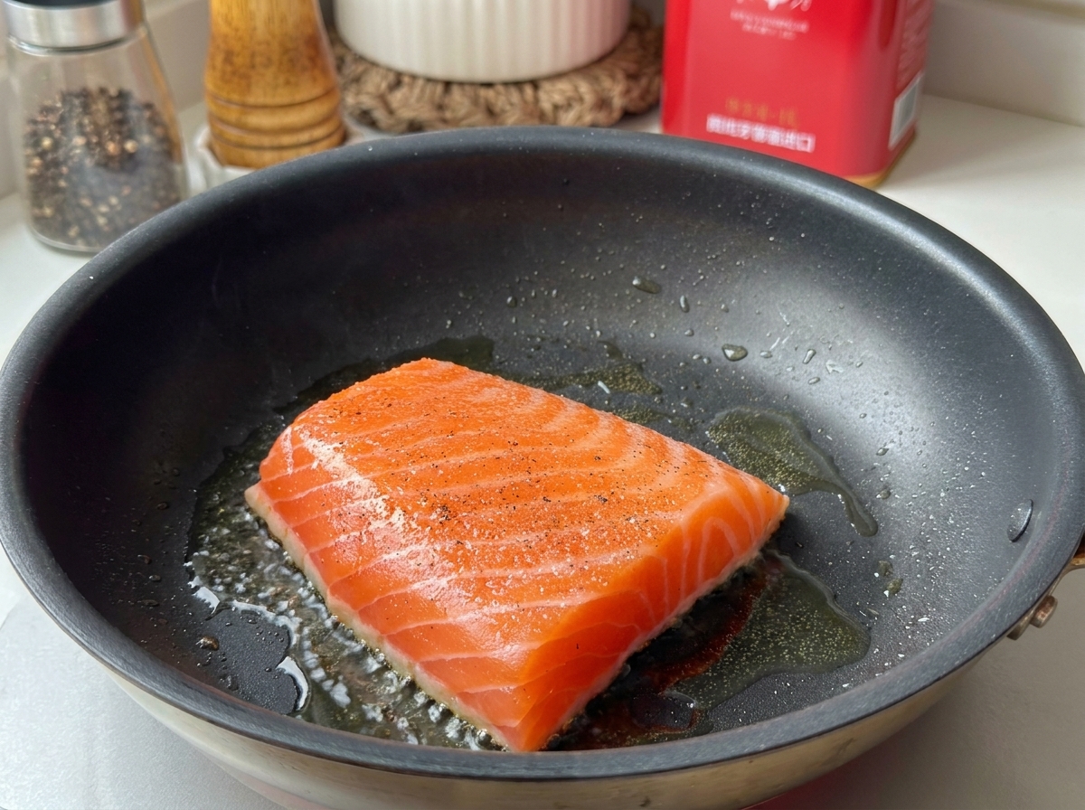 Filete de salmón con pimienta negra sellándose en una sartén caliente con aceite burbujeante.