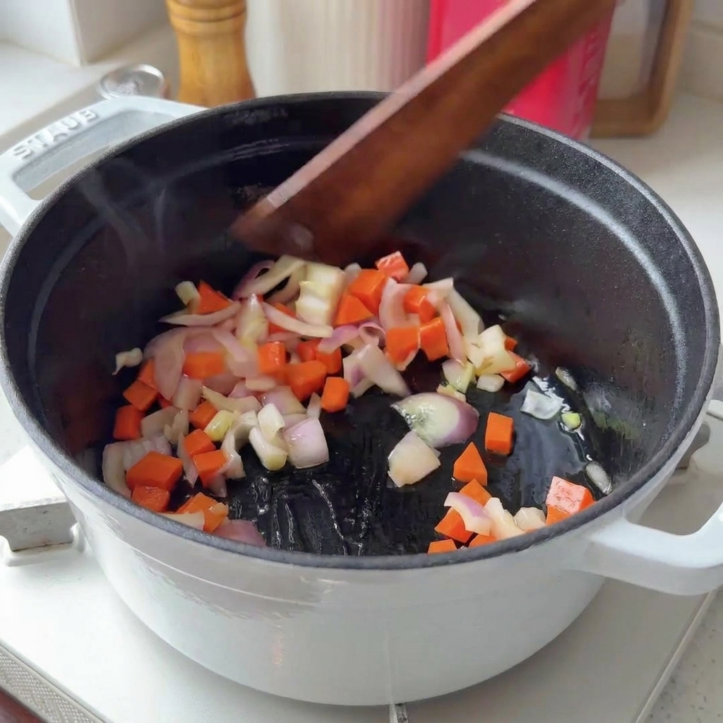 Zanahoria picada y cebolla roja siendo removidas con una espátula de madera en una olla de hierro fundido blanca.