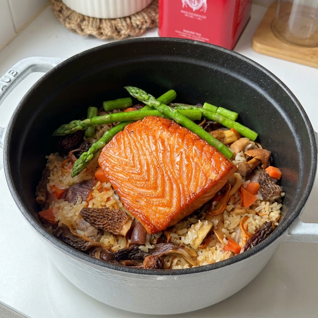 Filete de salmón sellado reposando sobre una base de arroz, setas y zanahoria en una olla de hierro, decorado con espárragos.