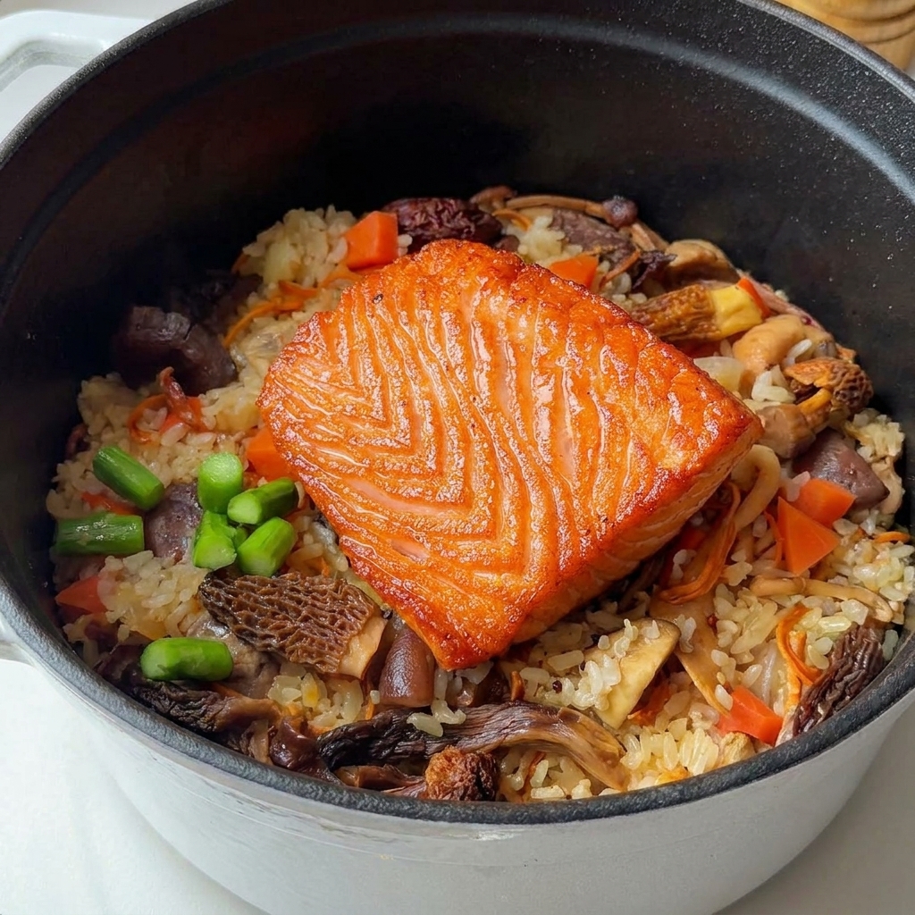 Filete de salmón cocinado en el centro de una olla de arroz y setas con trozos de espárragos verdes alrededor.
