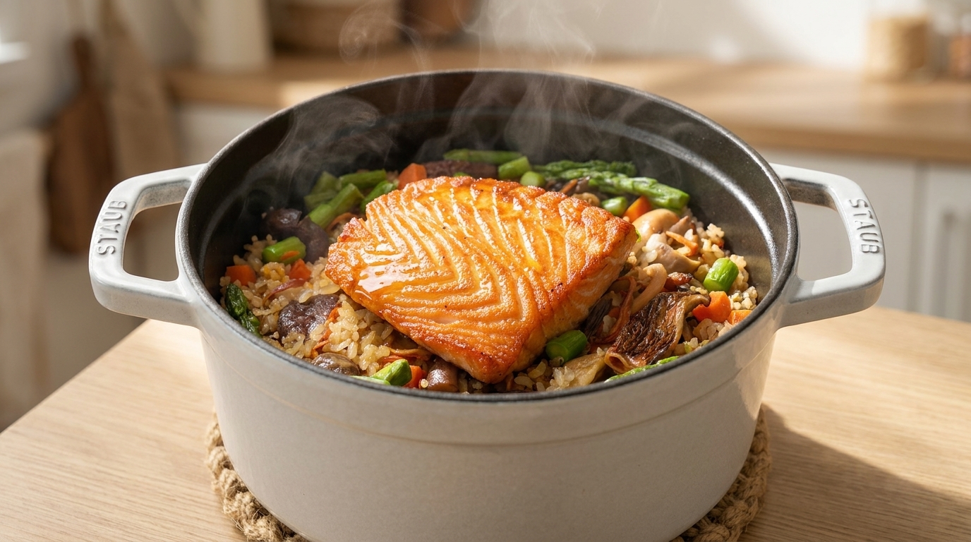 Arroz con salmón, setas y espárragos con quinoa