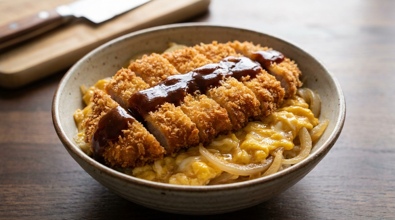 Katsudon crujiente (Chuleta de cerdo japonesa con huevo sedoso)