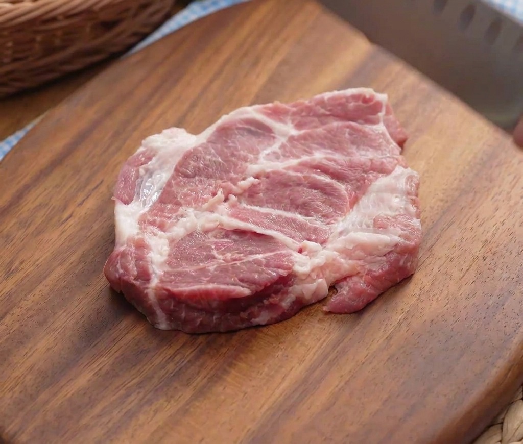 Un trozo crudo de carne de cerdo siendo golpeado con el lomo de un cuchillo de chef sobre una superficie de madera.