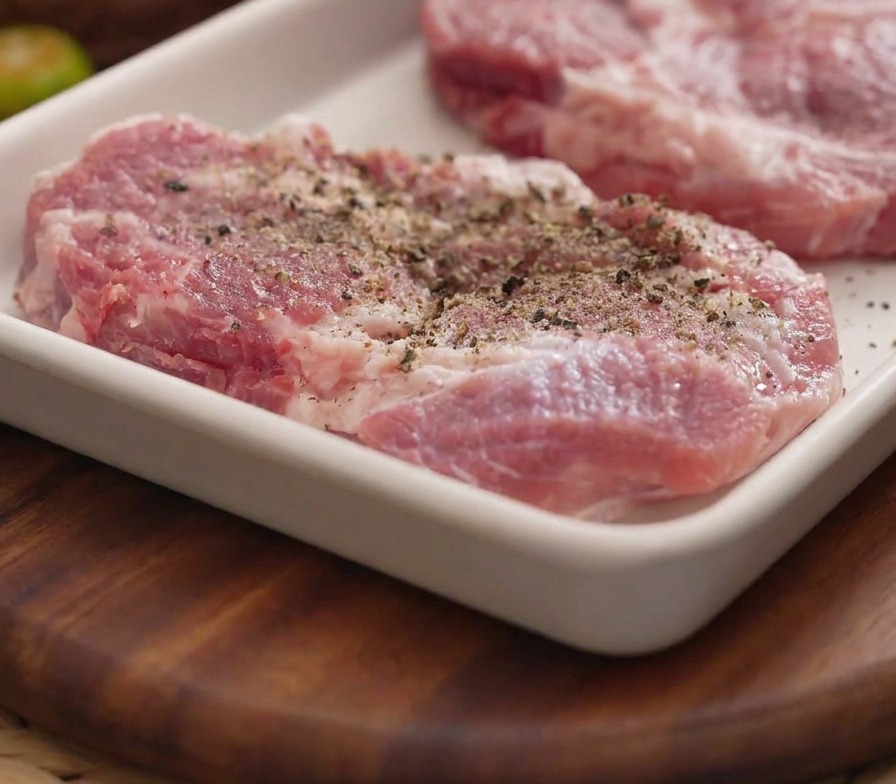 Pimienta negra fresca siendo molida directamente sobre chuletas de cerdo crudas en una bandeja rectangular blanca.