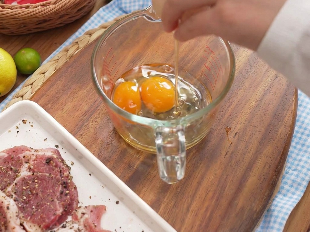 Una persona cascando huevos en una jarra medidora de cristal sobre una tabla de madera.