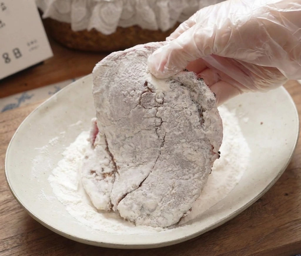 Una mano con guante de plástico pasando una chuleta de cerdo sazonada por un plato con harina blanca.