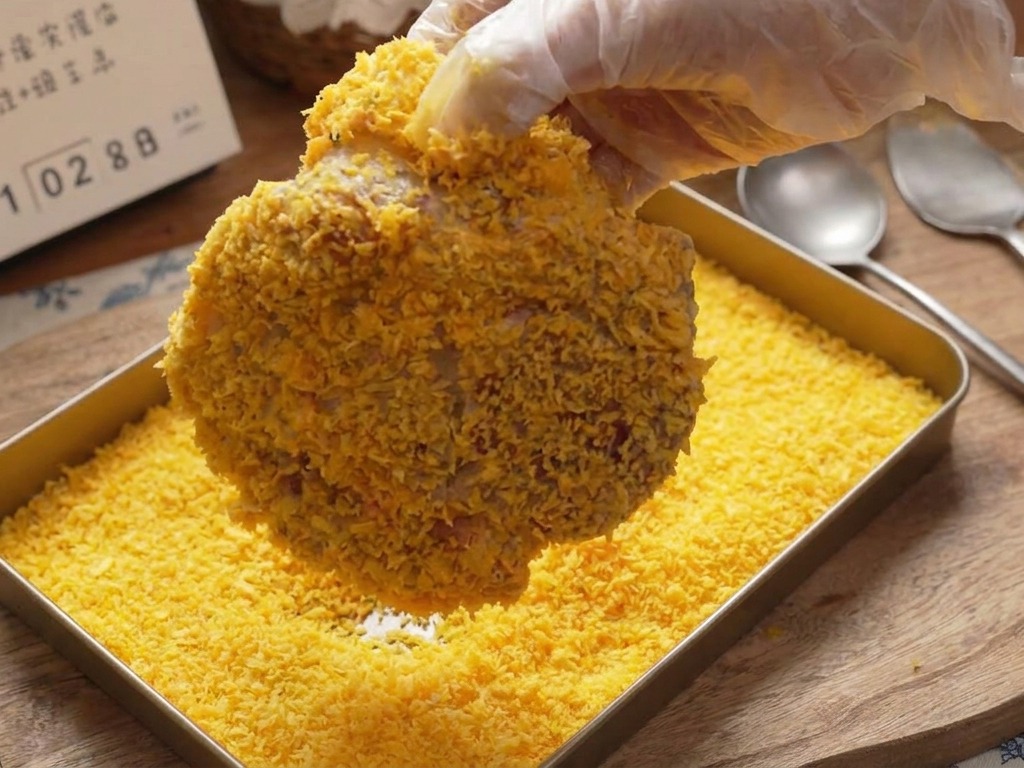 Una chuleta de cerdo siendo presionada con firmeza en una bandeja de pan rallado panko dorado.