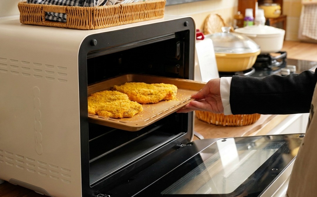 Una persona deslizando una bandeja con chuletas empanadas en un horno tostador de color crema.