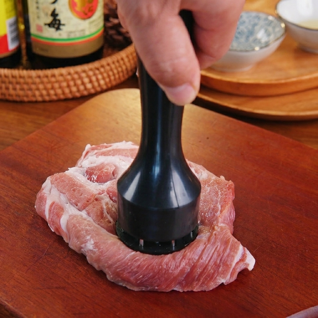 Una mano usando un ablandador de carne negro para golpear una pieza de cerdo marmoleado sobre una tabla de madera.