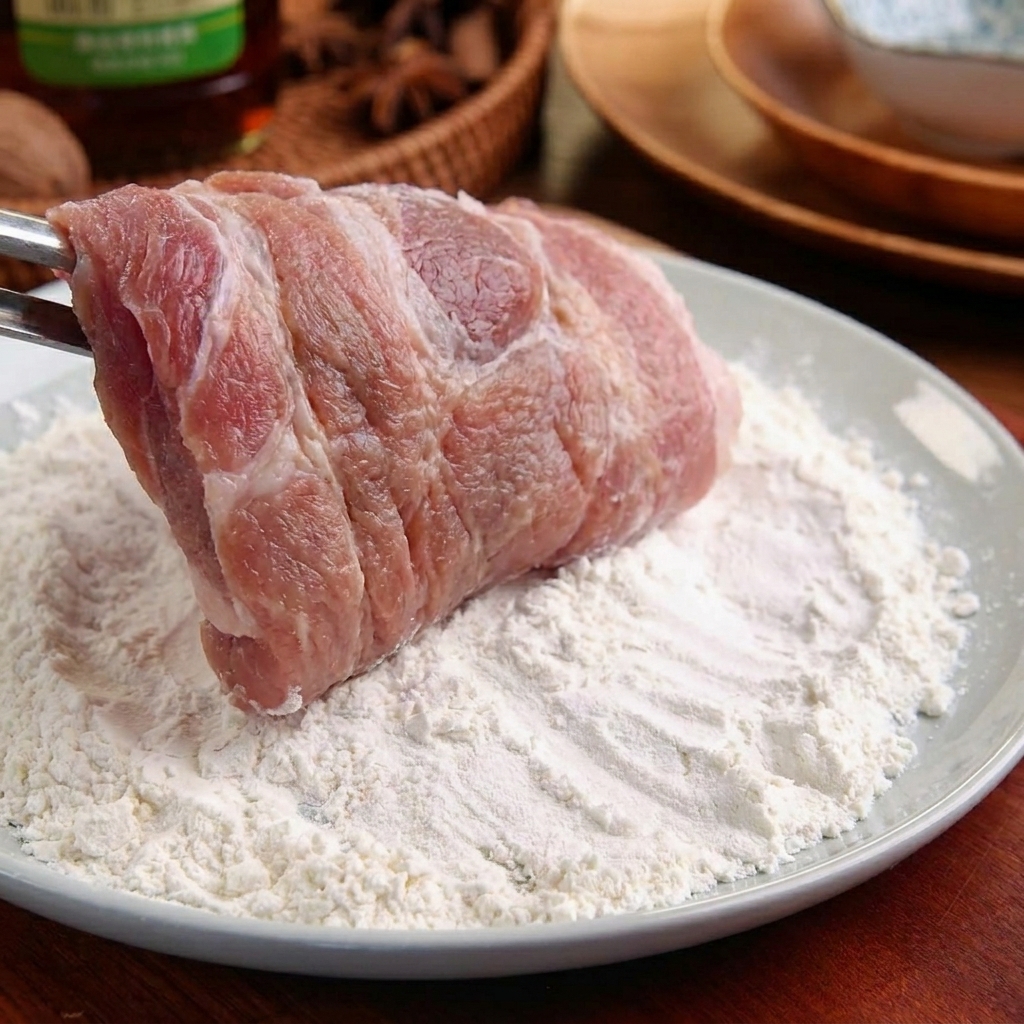 Una rodaja de cerdo sostenida con pinzas y cubierta de harina blanca en un plato claro.