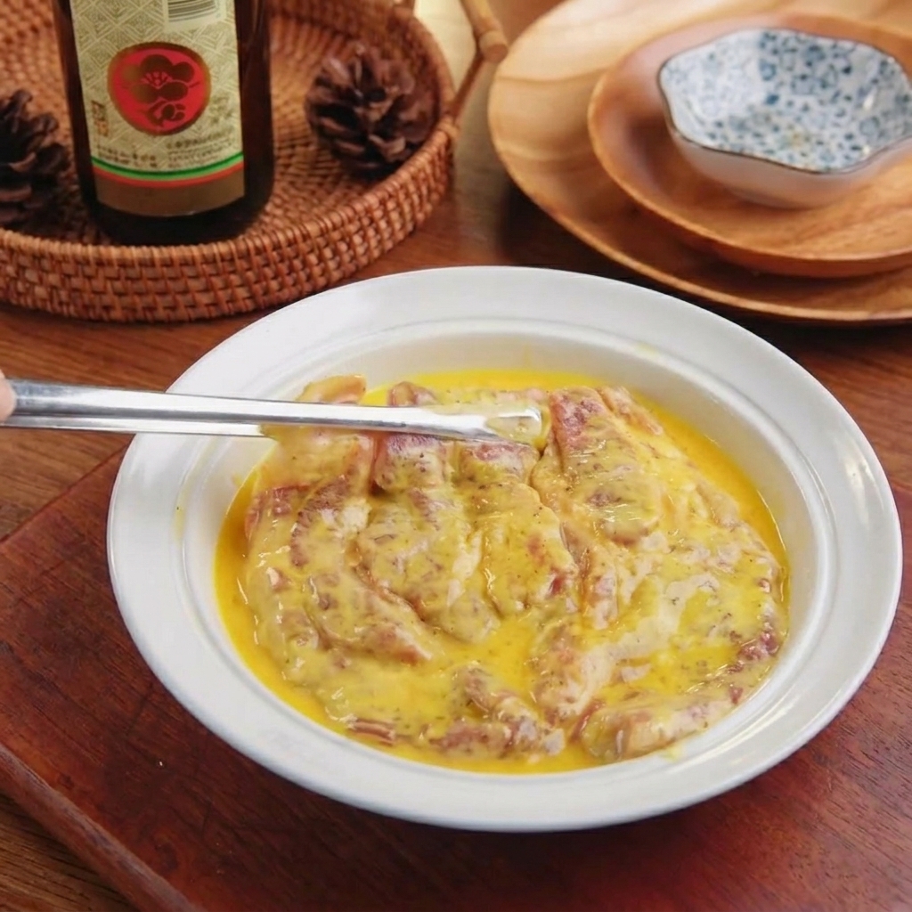La rodaja de cerdo enharinada siendo sumergida en un bol con huevo batido amarillo brillante.