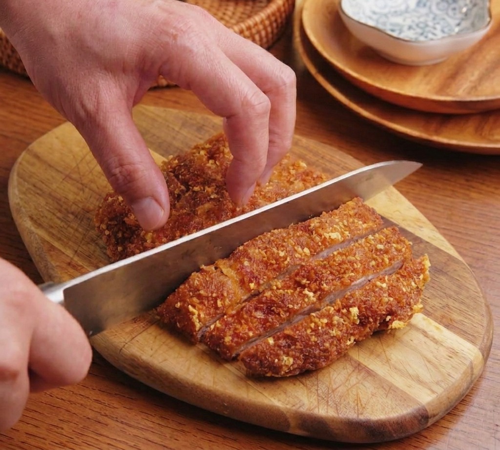 Manos usando un cuchillo grande para cortar un tonkatsu de cerdo dorado en tiras sobre una tabla de madera.