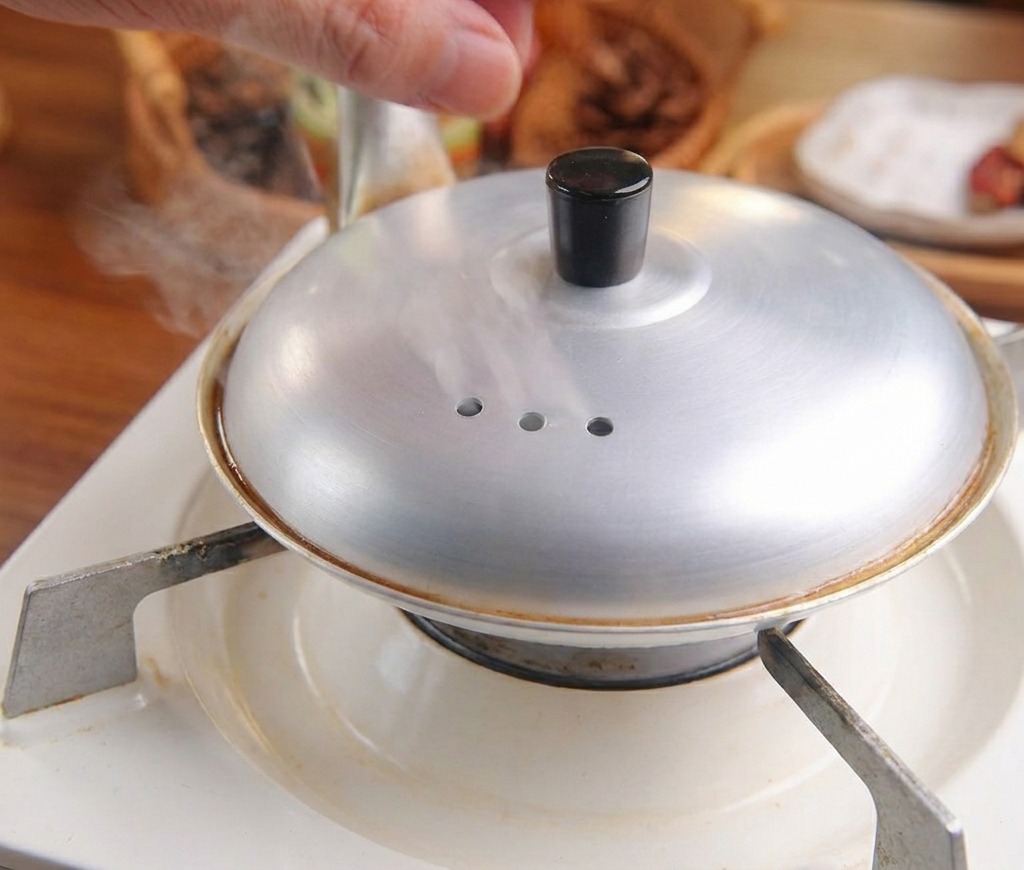 Una mano colocando una tapa de plata sobre una sartén pequeña para cocer huevos y cerdo sobre un quemador.