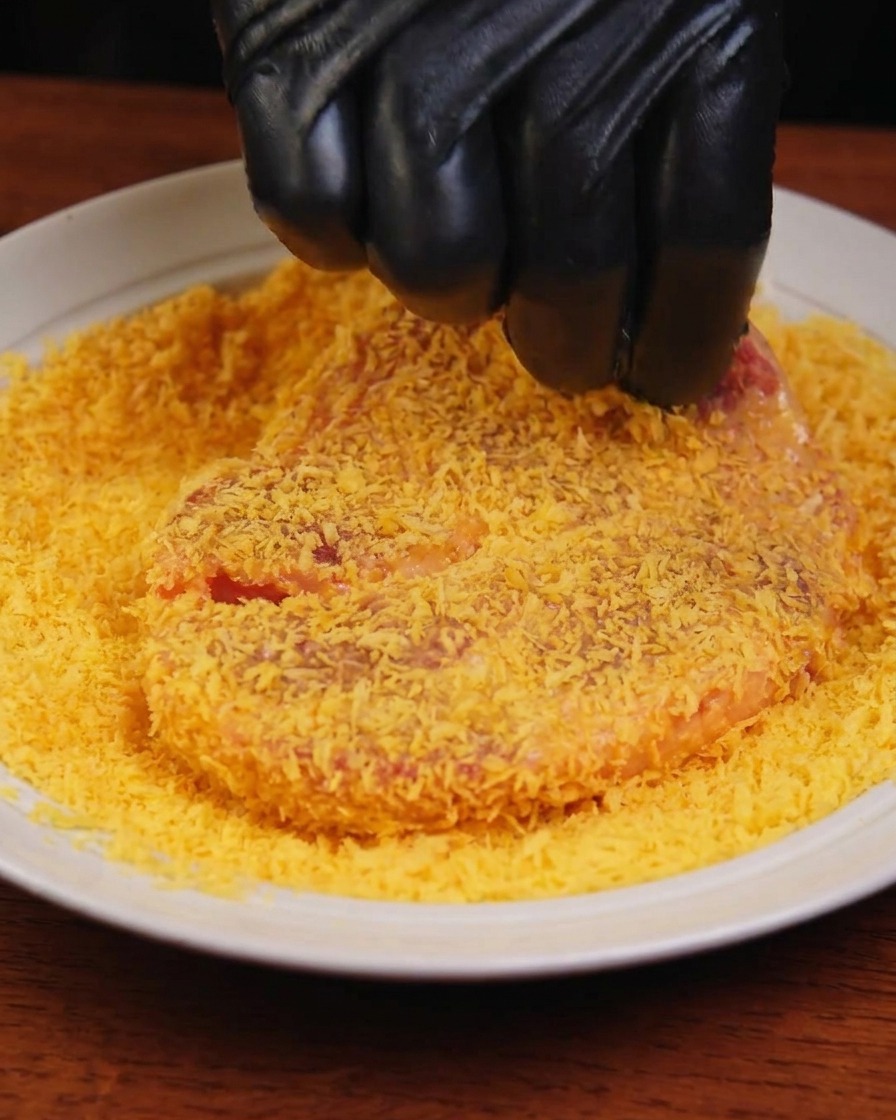 Mano presionando la carne sobre una capa profunda de pan rallado panko en un plato blanco.