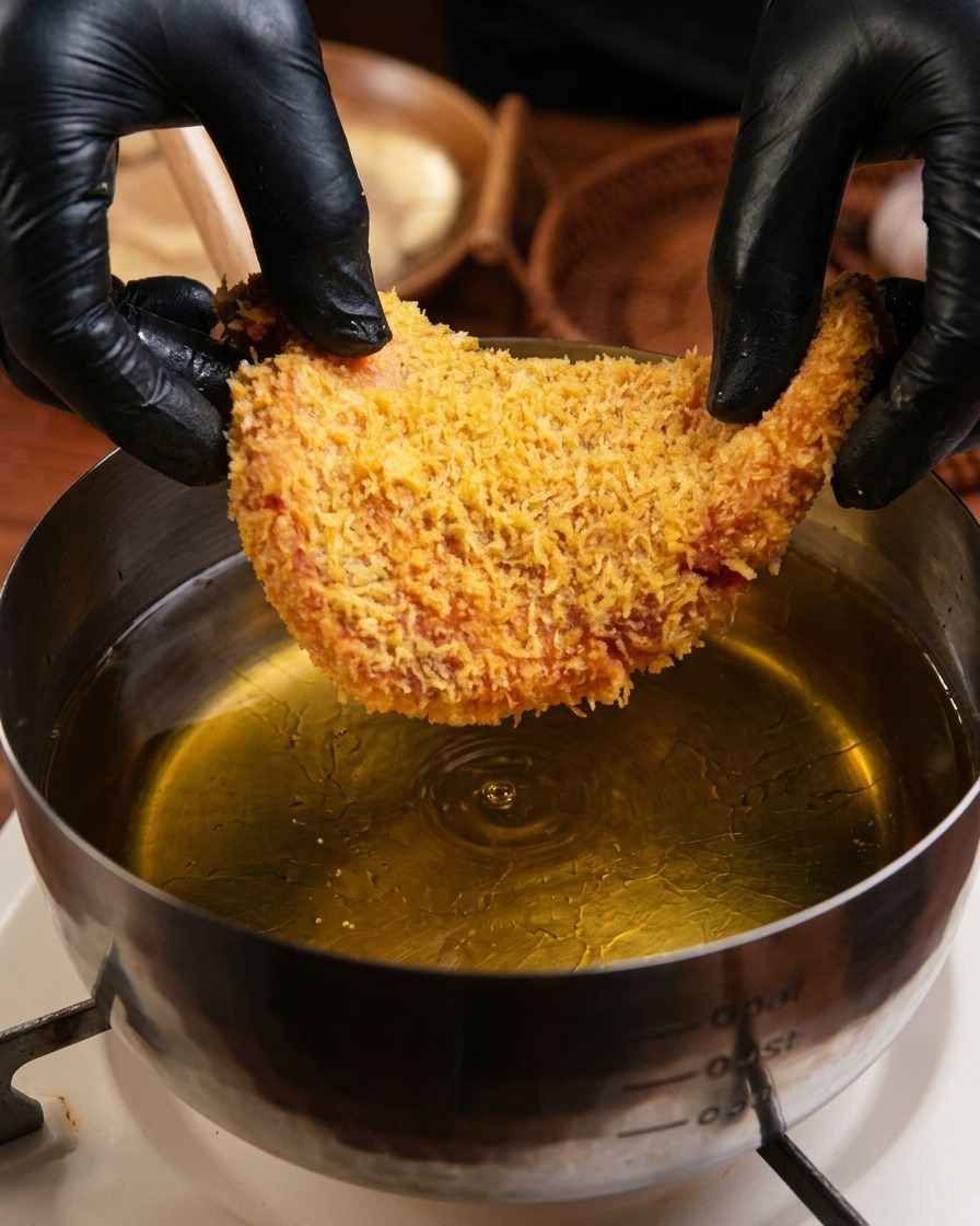 Mano colocando con cuidado una chuleta empanada en una olla de acero con aceite caliente y brillante.