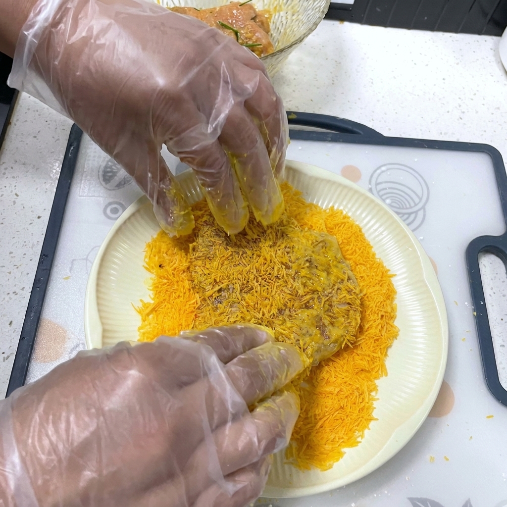 Manos presionando un trozo de lomo de cerdo en un lecho de pan rallado panko amarillo sobre un plato blanco