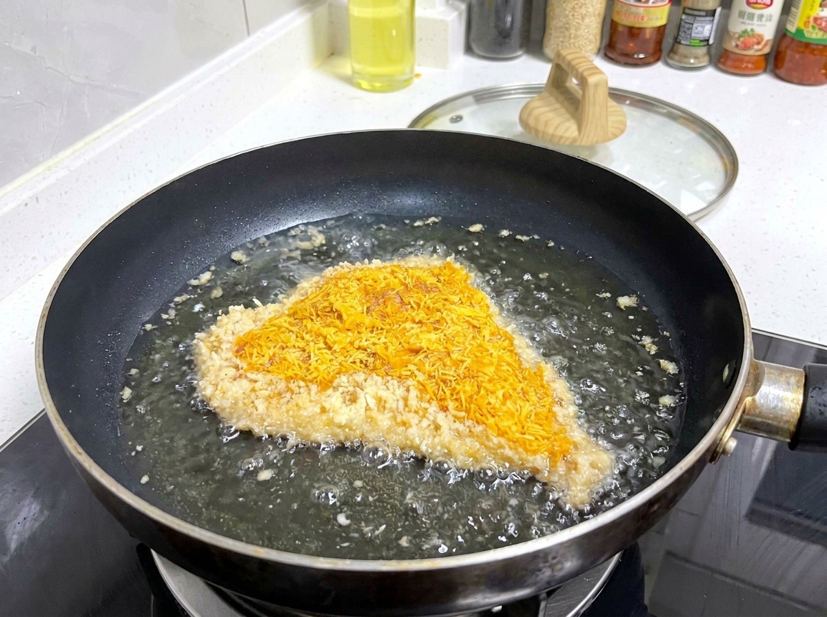 Chuleta de cerdo rebozada chisporroteando en una sartén con aceite caliente y burbujas formándose en los bordes