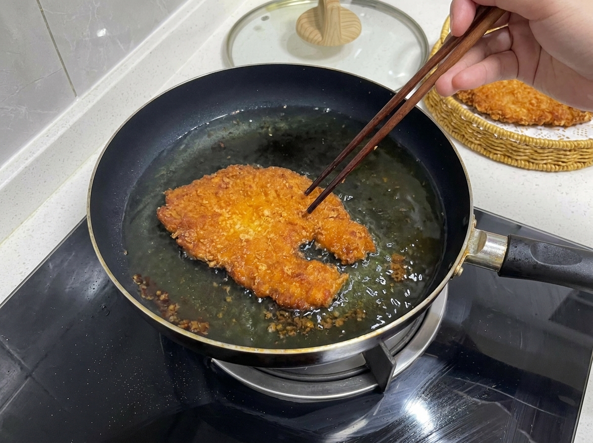 Palillos de madera sosteniendo una chuleta de cerdo frita de color marrón dorado oscuro sobre aceite caliente