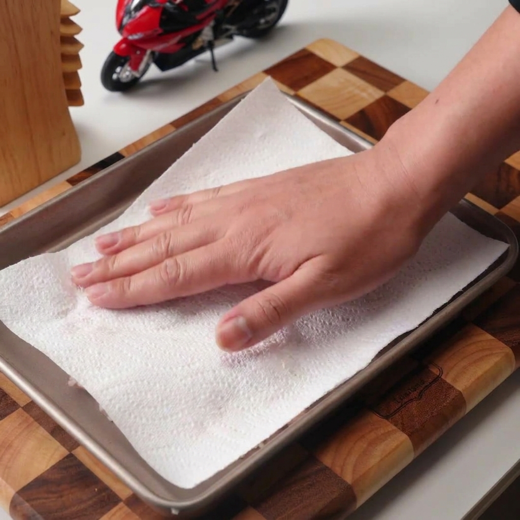 Una mano presionando papel de cocina sobre contramuslos de pollo crudos en una bandeja metálica para secarlos.
