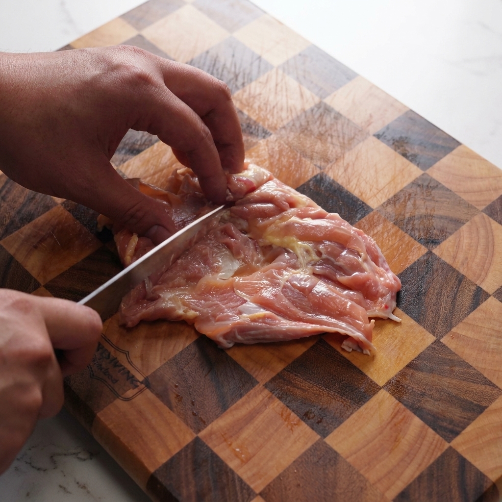 Primer plano de un cuchillo haciendo cortes diagonales poco profundos en la carne de un contramuslo sobre una tabla de madera.