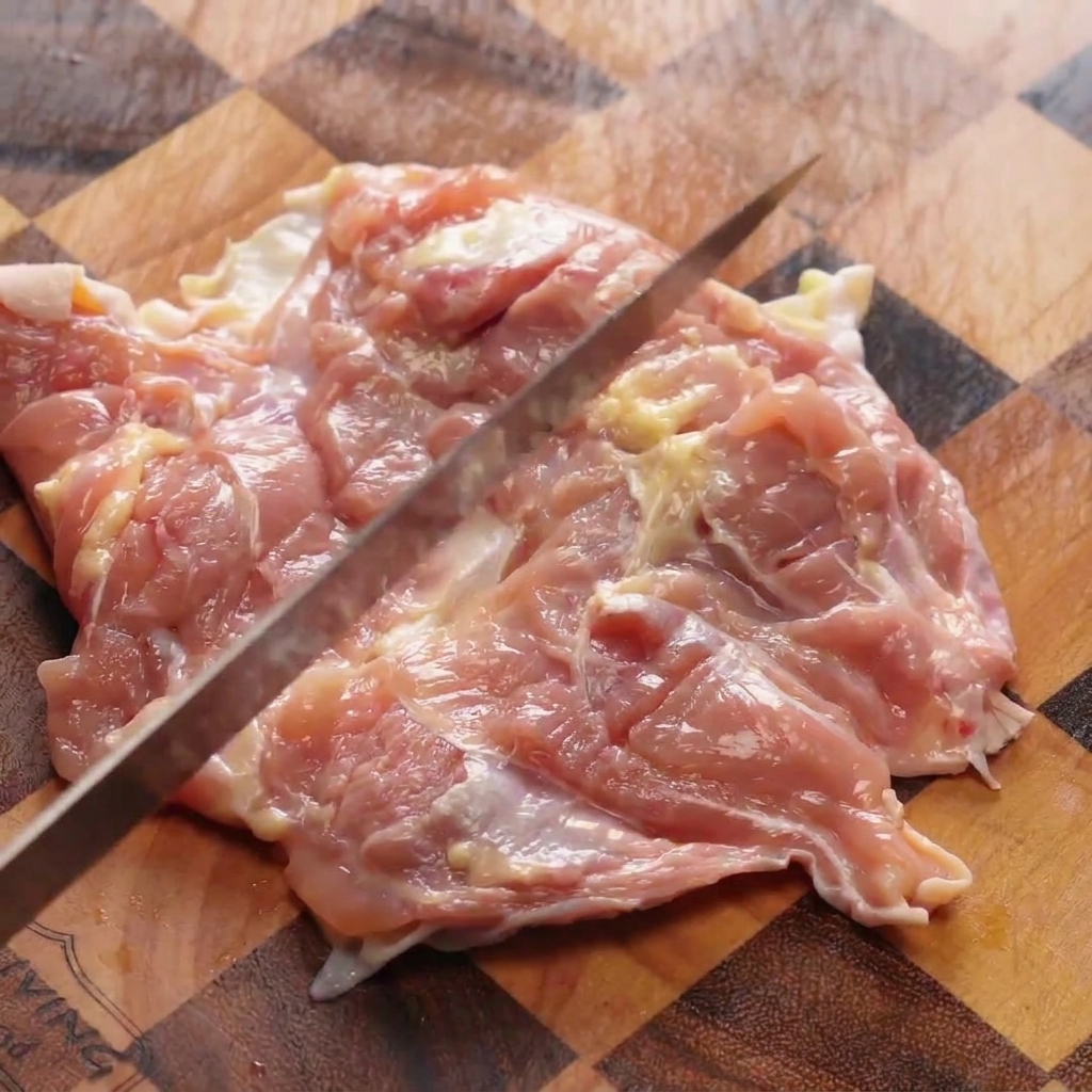 El lomo de un cuchillo golpeando y aplanando un contramuslo de pollo crudo sobre una tabla de madera.