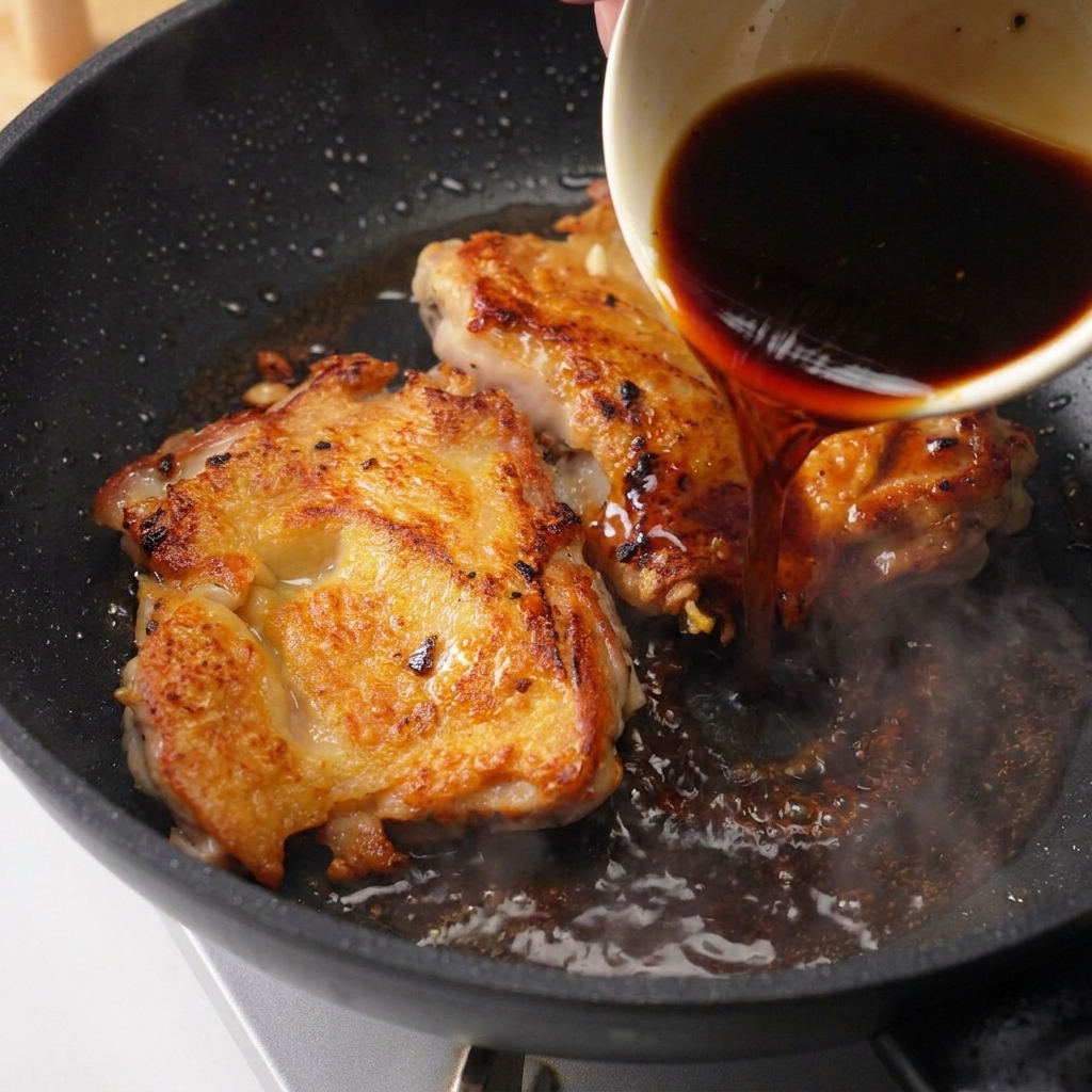 Salsa marrón oscuro cayendo desde un bol de cerámica blanca sobre dos contramuslos de pollo en una sartén negra.