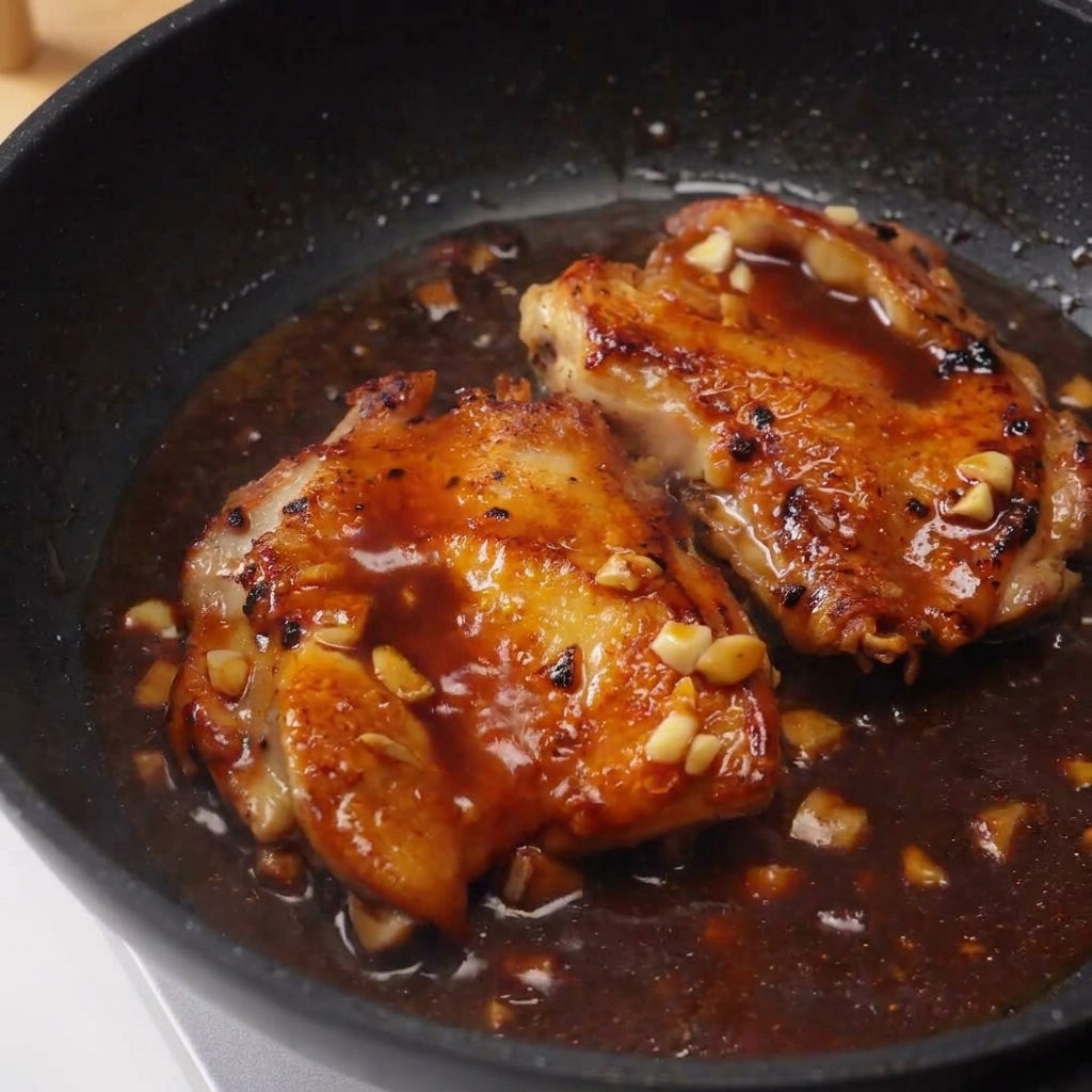 Dos contramuslos glaseados en una sartén siendo bañados con una salsa oscura y brillante con trozos de ajo.