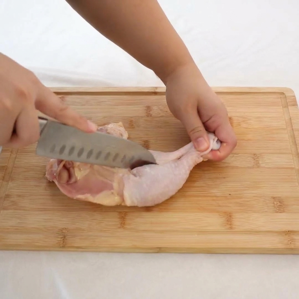 Manos usando un cuchillo afilado para retirar con cuidado el hueso central de un contramuslo de pollo crudo sobre una tabla.
