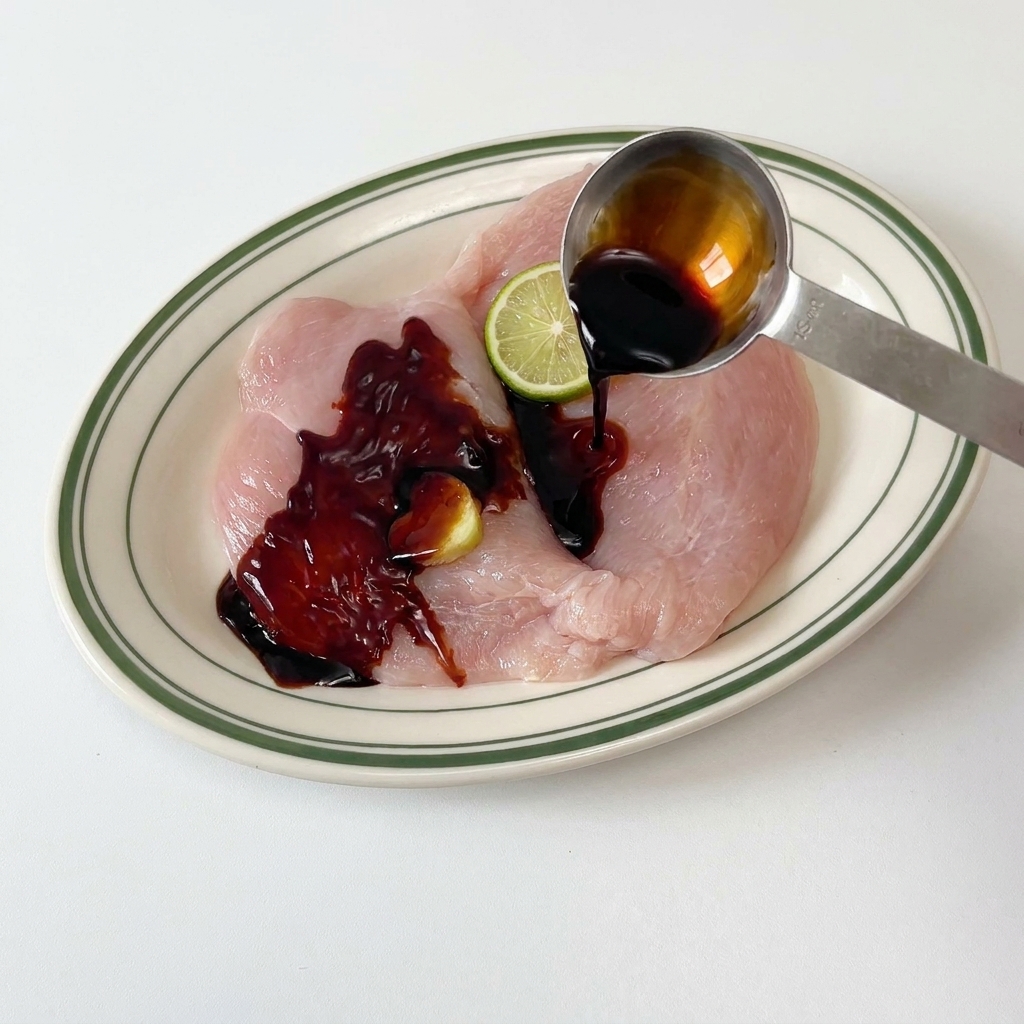 Una cuchara de metal vertiendo salsa de soja oscura sobre rebanadas de pollo crudo sazonado con jengibre y pimienta en un plato blanco con borde verde.