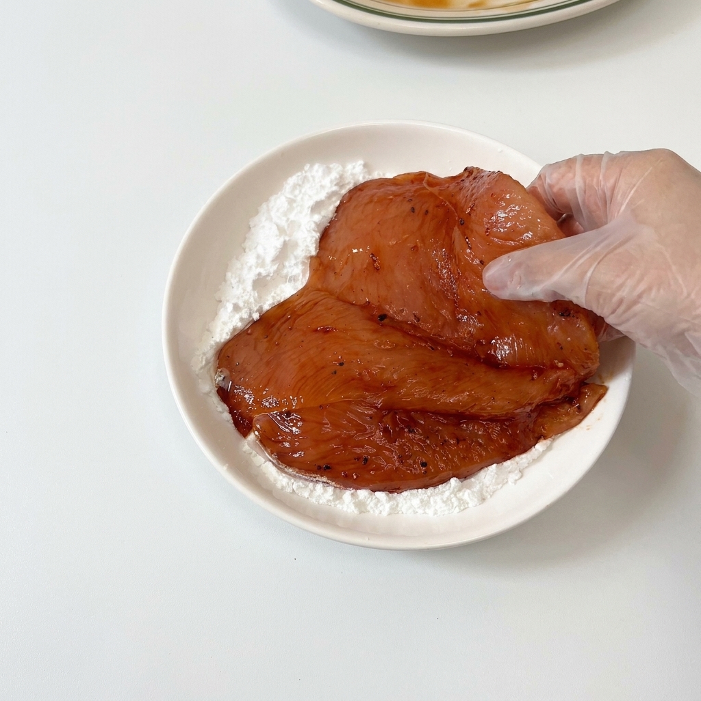 Una mano con guante presionando una pechuga de pollo oscura y marinada en un plato hondo blanco lleno de maicena.